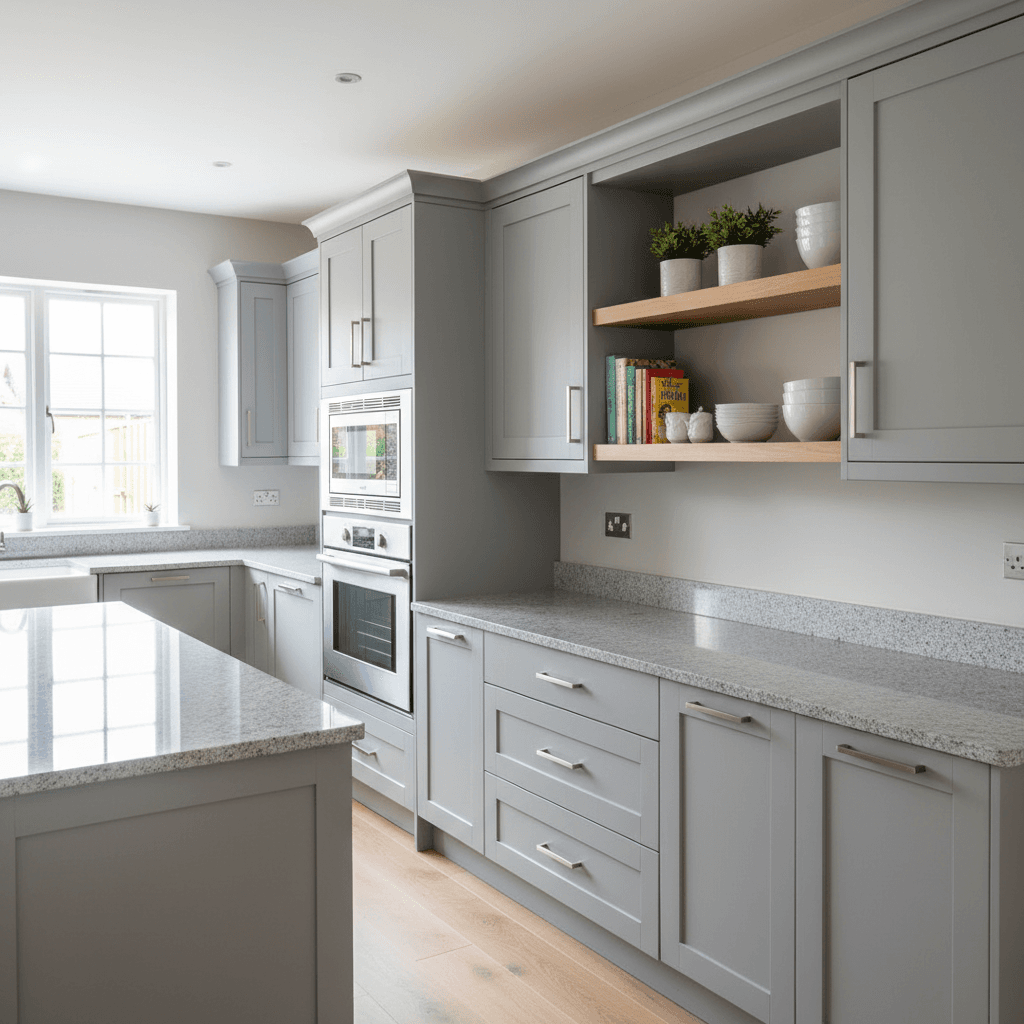 Full kitchen cabinet remodel with open shelving