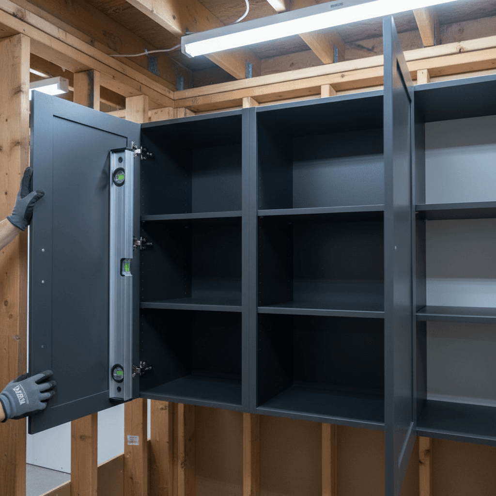 Pantry cabinet installation showing precise alignment