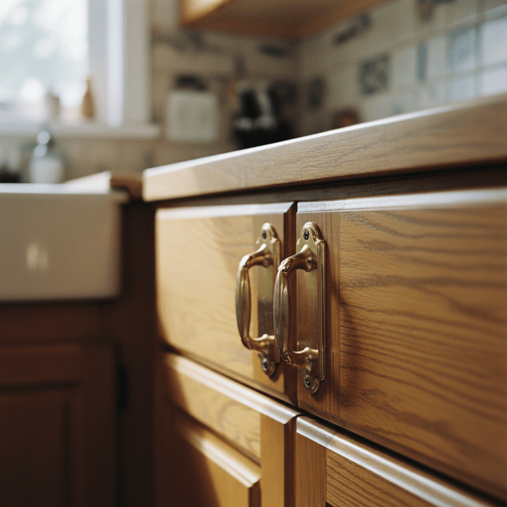 Traditional raised-panel wooden cabinets with warm finish