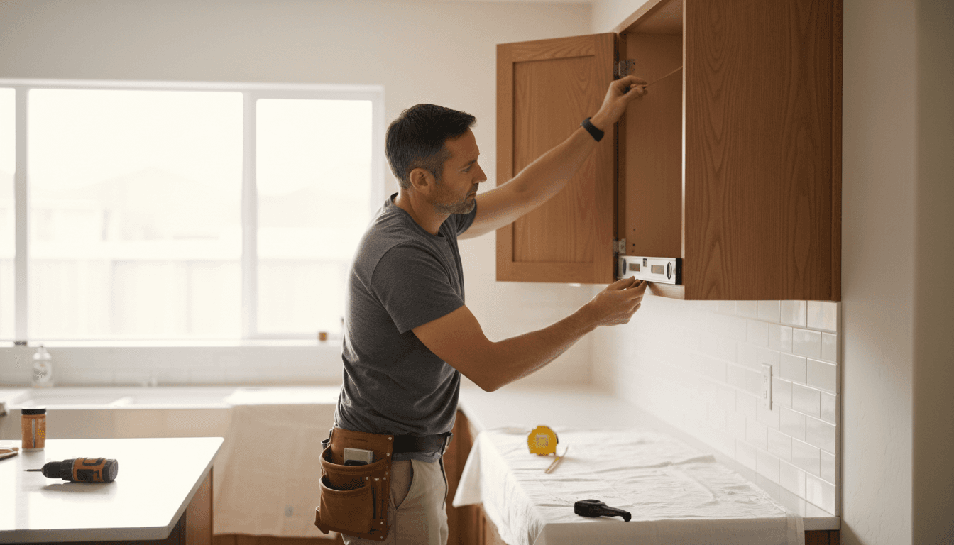 Cabinet installer carefully aligning and securing a kitchen cabinet with precision tools