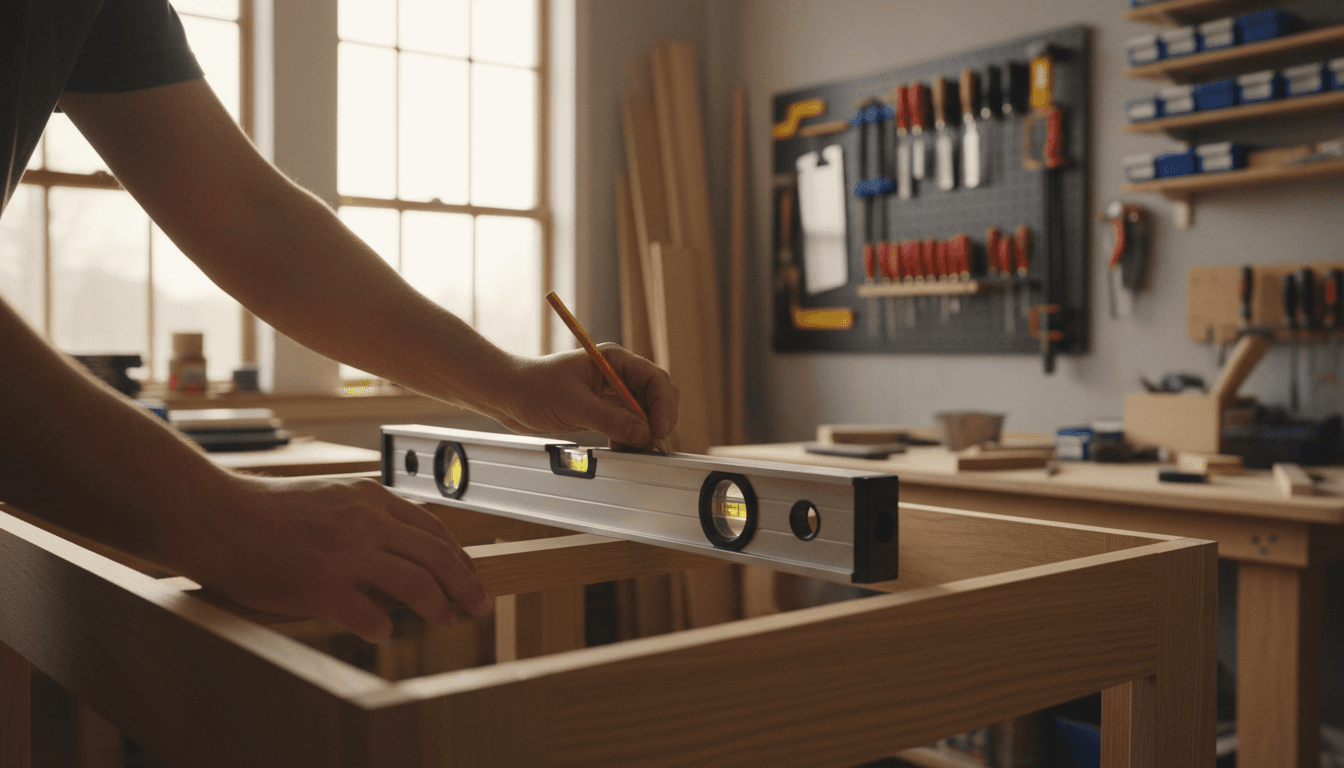 Craftsman measuring and marking cabinet frame with precision tools
