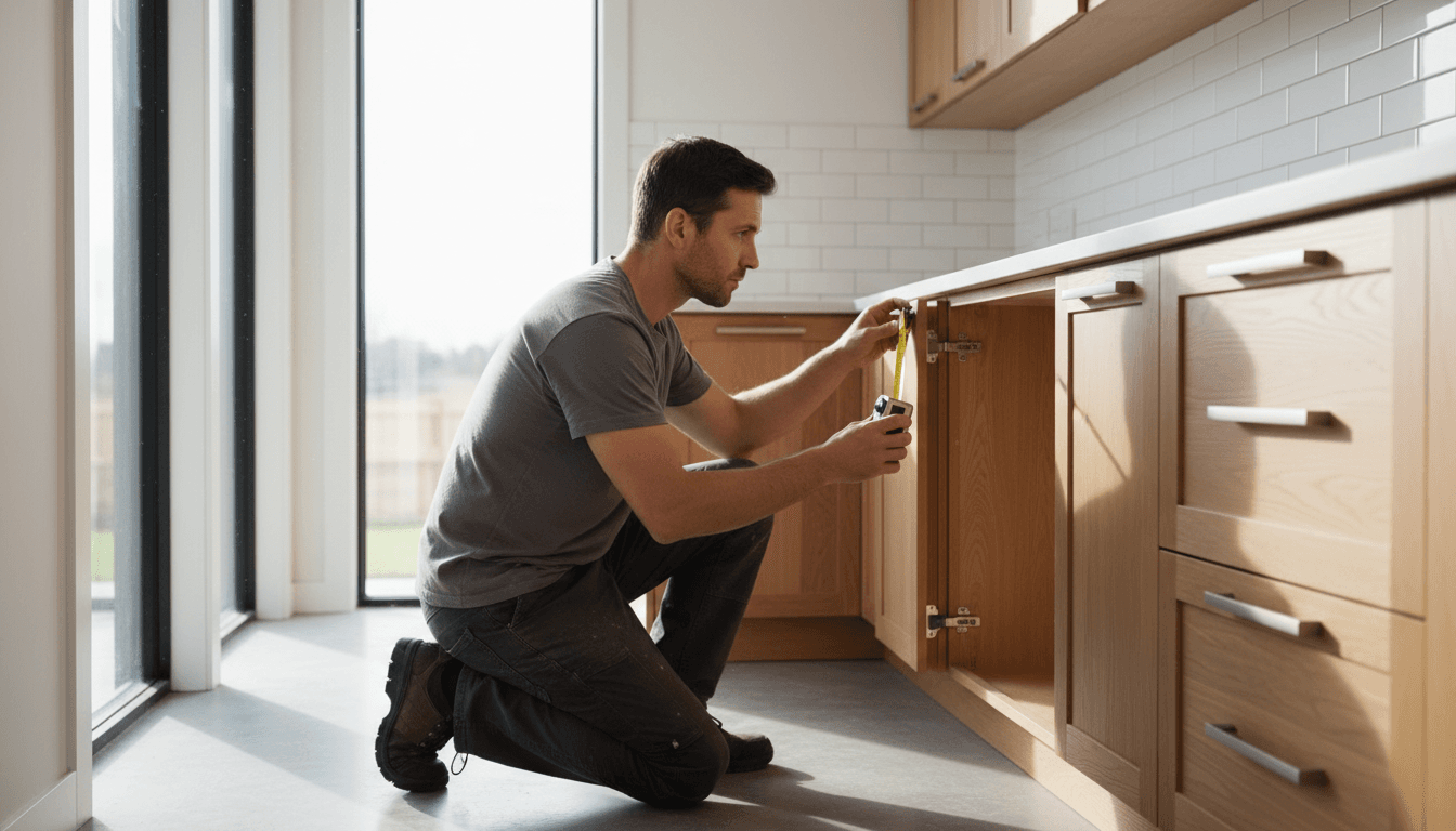 Cabinet installer measuring and aligning cabinet doors with precision tools