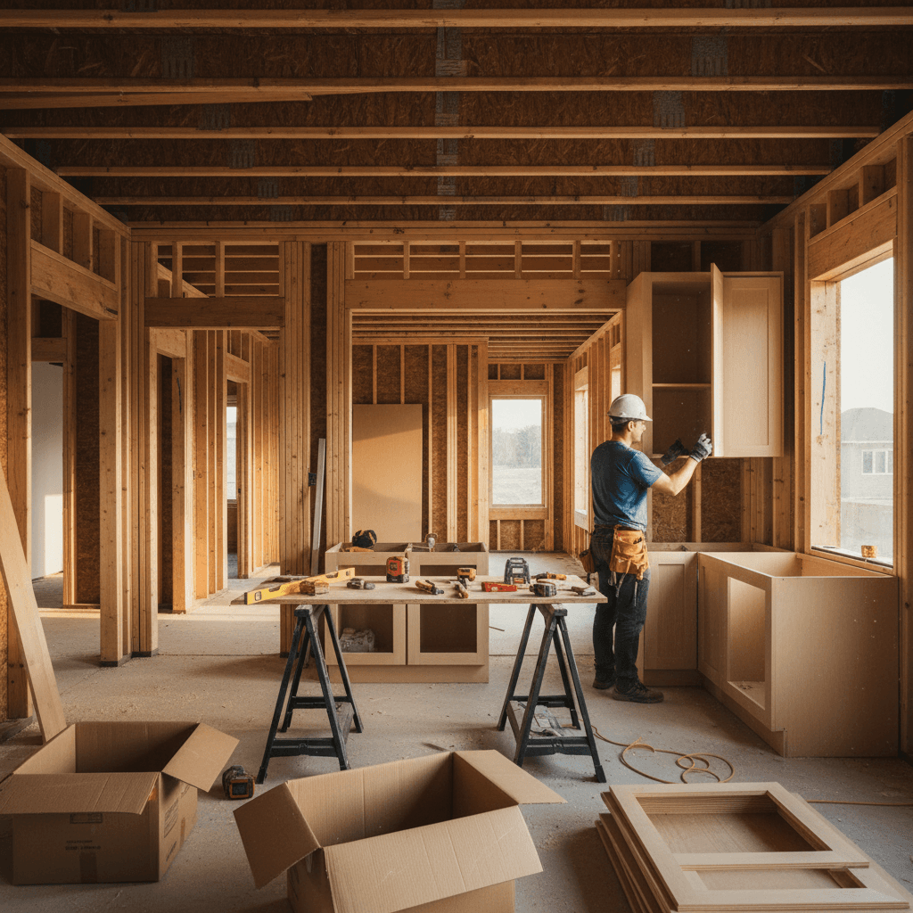 Cabinet installation during new home construction