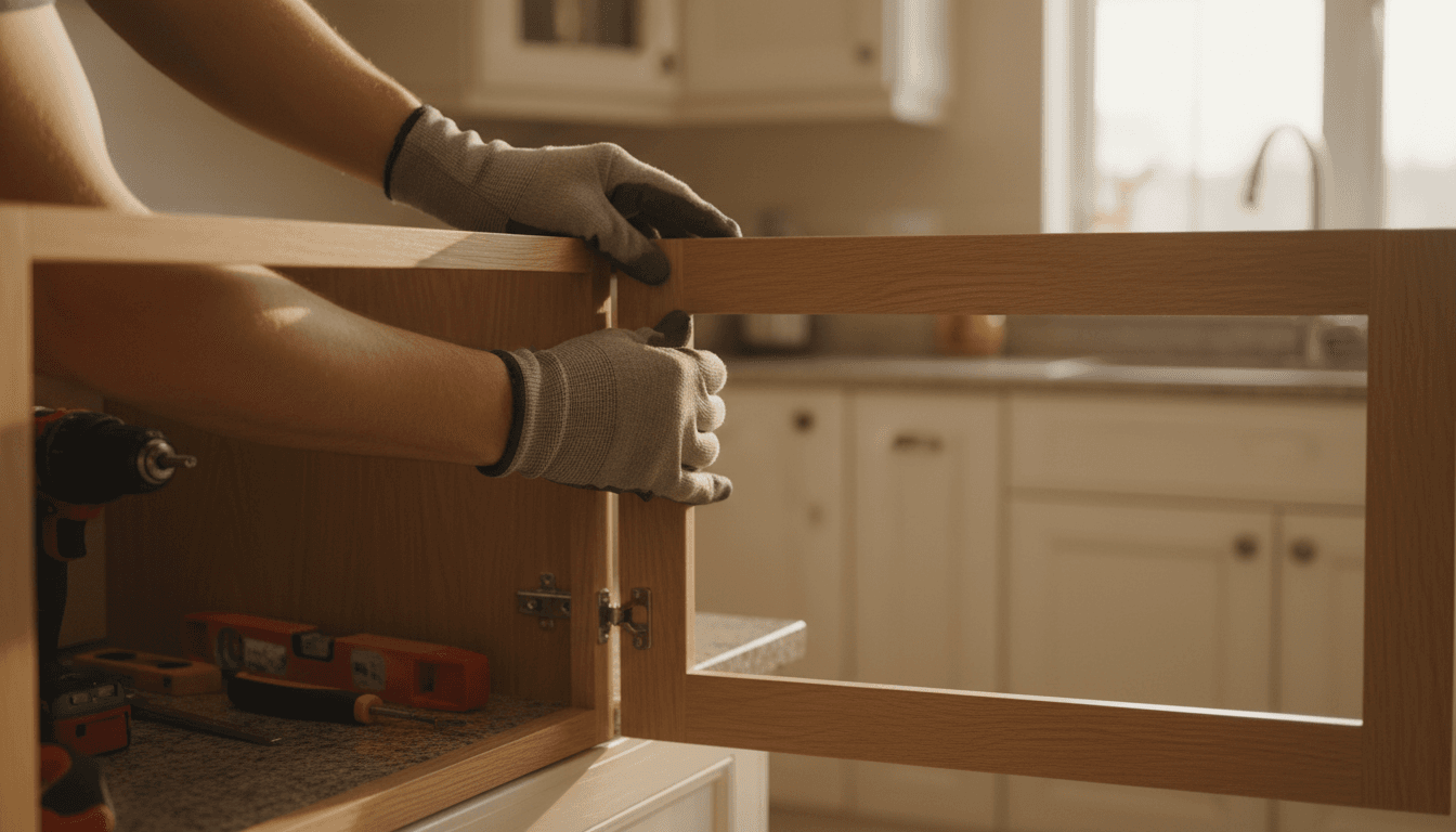Craftsman carefully aligning cabinet doors during professional installation