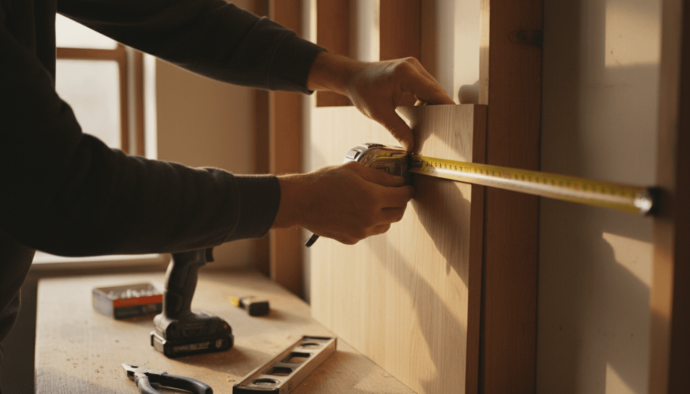 Cabinet installer carefully measuring and aligning cabinet panels for precise fit
