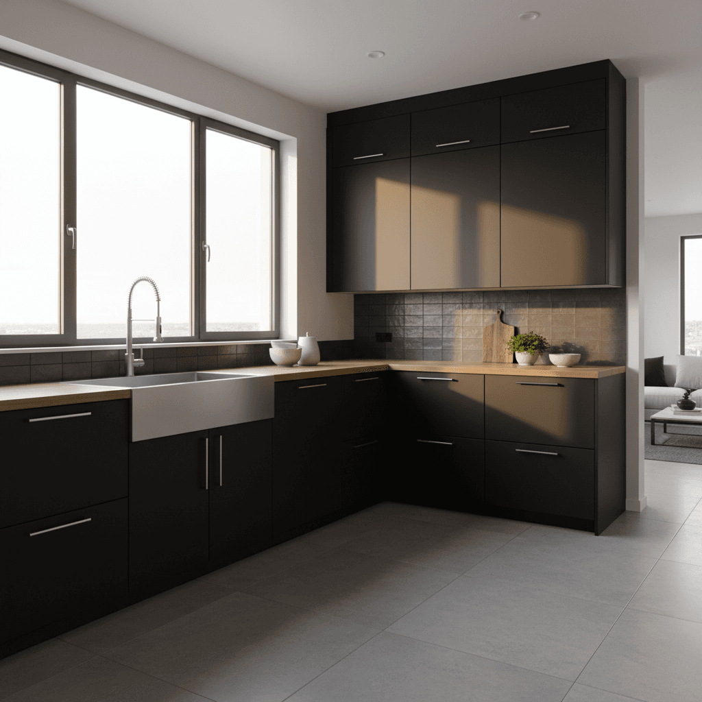Modern matte black flat-panel cabinets in complete kitchen