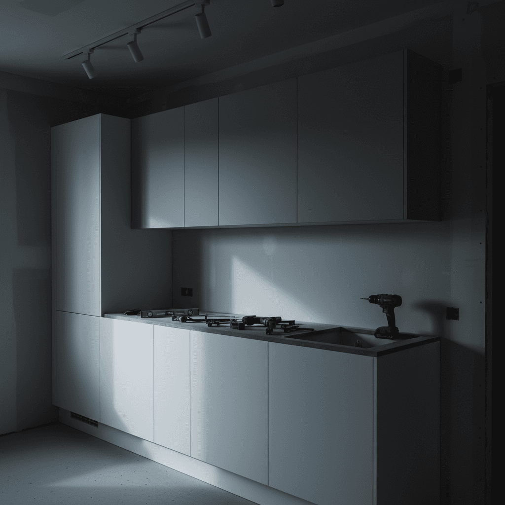 Two-tone white and gray cabinets in new construction