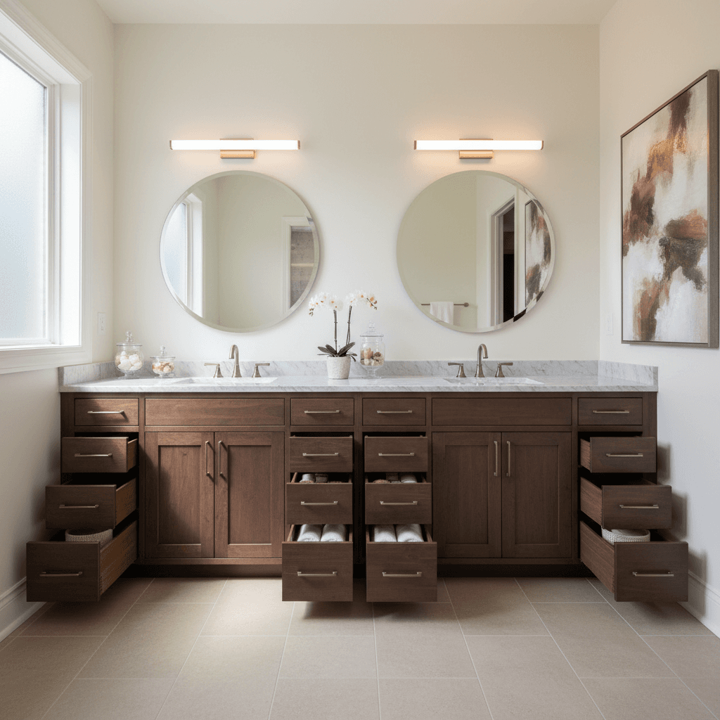Completed bathroom vanity with organized storage